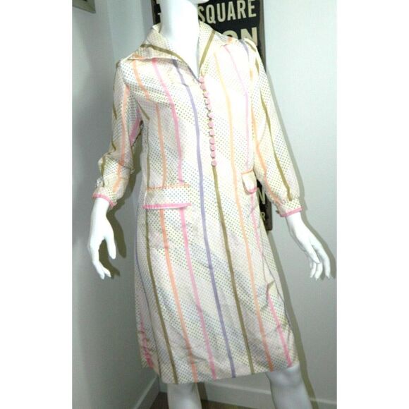 Vintage Dress Pastel Ivory Pink Polka Dots Long Sleeve Wide Collared Size S/M - Picture 1 of 9